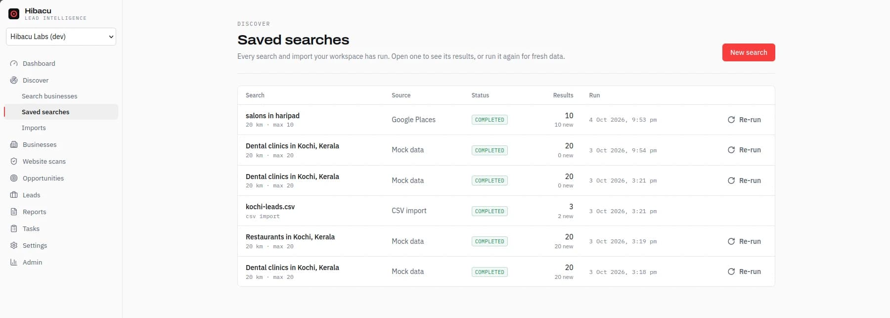 Hibacu Lead Intelligence saved searches screen, listing each search with its source, status, number of results and a re-run action