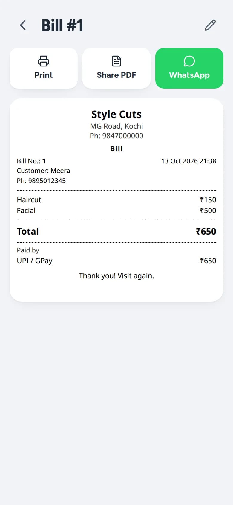 Parlourly bill screen with Print, Share PDF and WhatsApp buttons above a numbered bill for a haircut and a facial paid by UPI.
