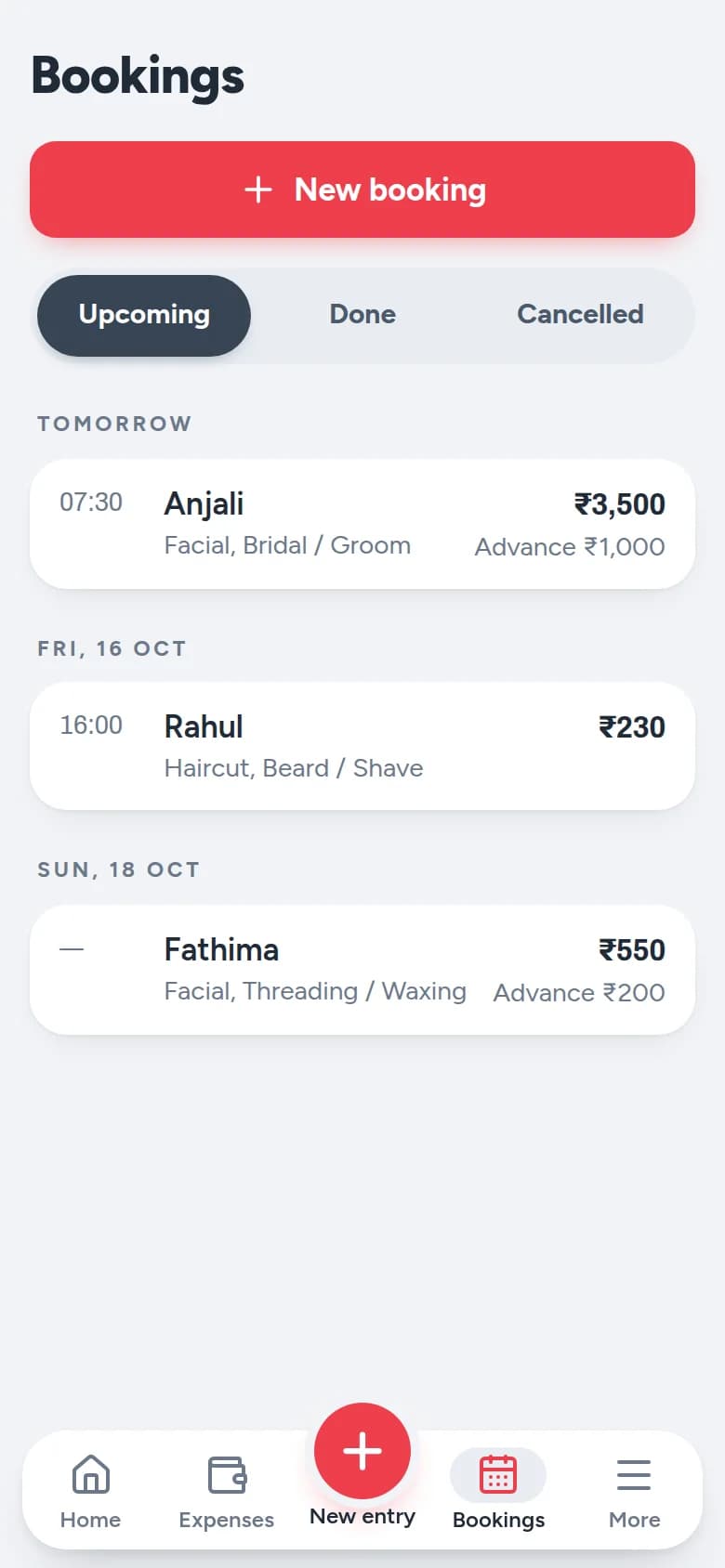 Parlourly Bookings screen listing upcoming bookings with the time, services, total and advance paid for each.
