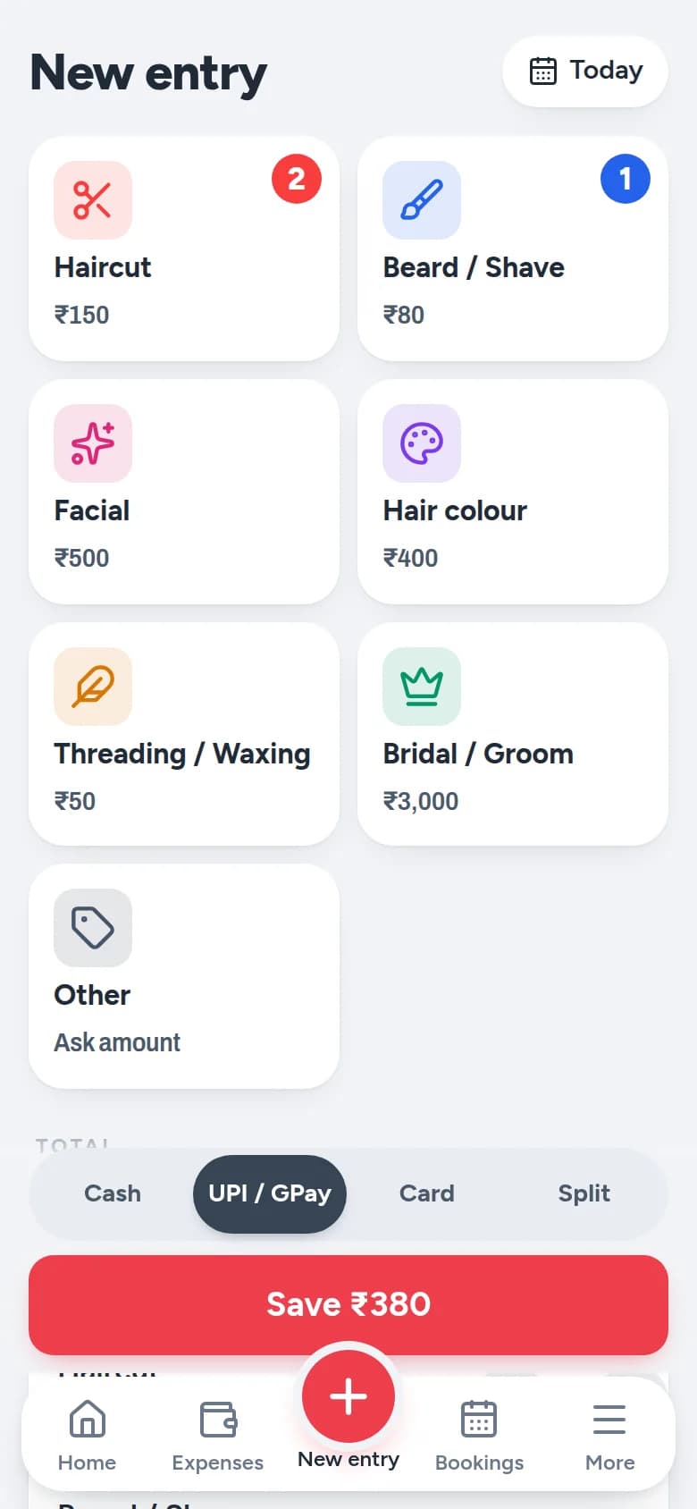 Parlourly New entry screen with service buttons for Haircut ₹150, Beard / Shave ₹80, Facial ₹500, Hair colour ₹400, Threading / Waxing ₹50 and Bridal / Groom ₹3,000, a Cash, UPI / GPay, Card or Split payment selector, and a Save ₹380 button.